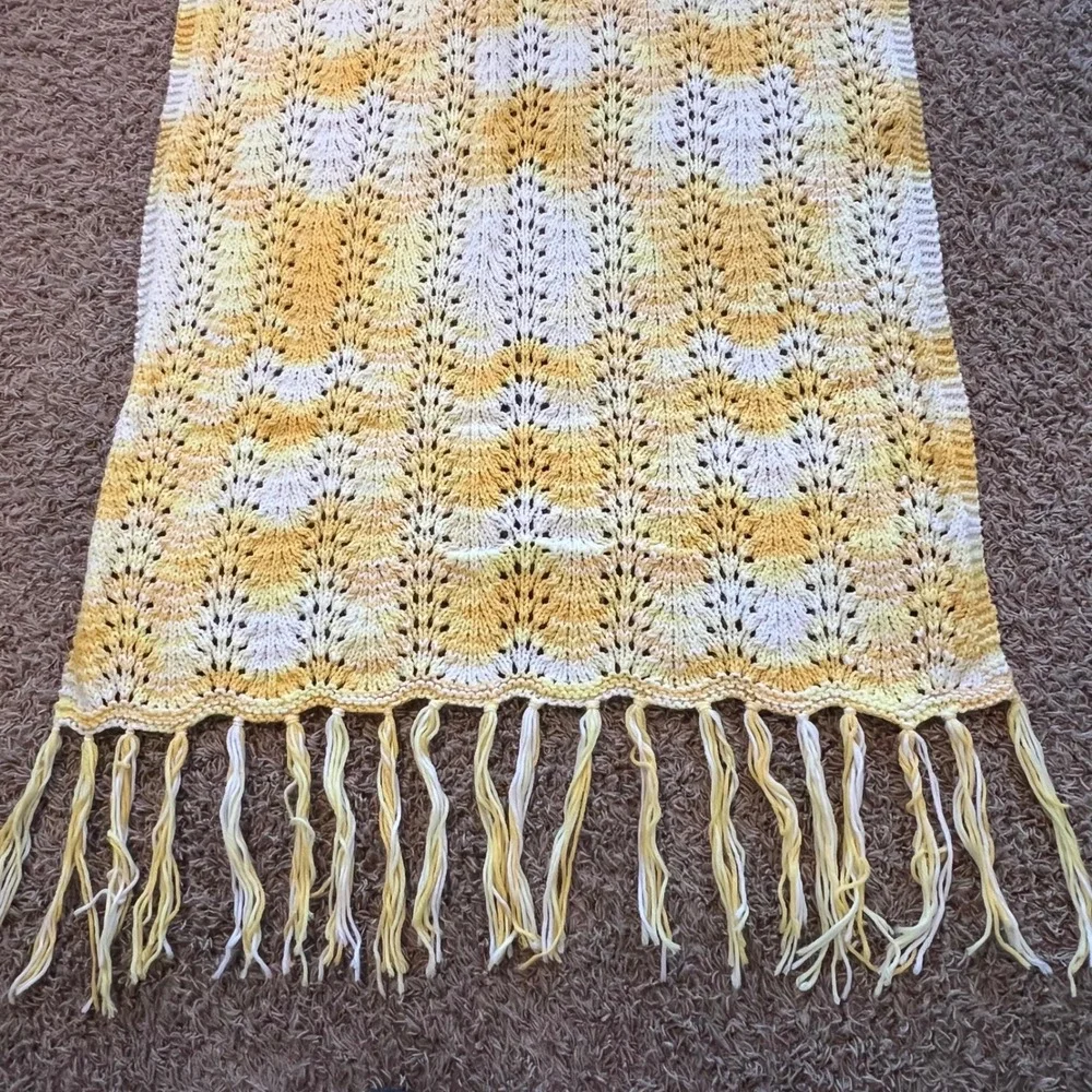 Handmade Yellow White Crochet Chevron Baby‎ Blanket Fringe Tassel Afghan 31x56